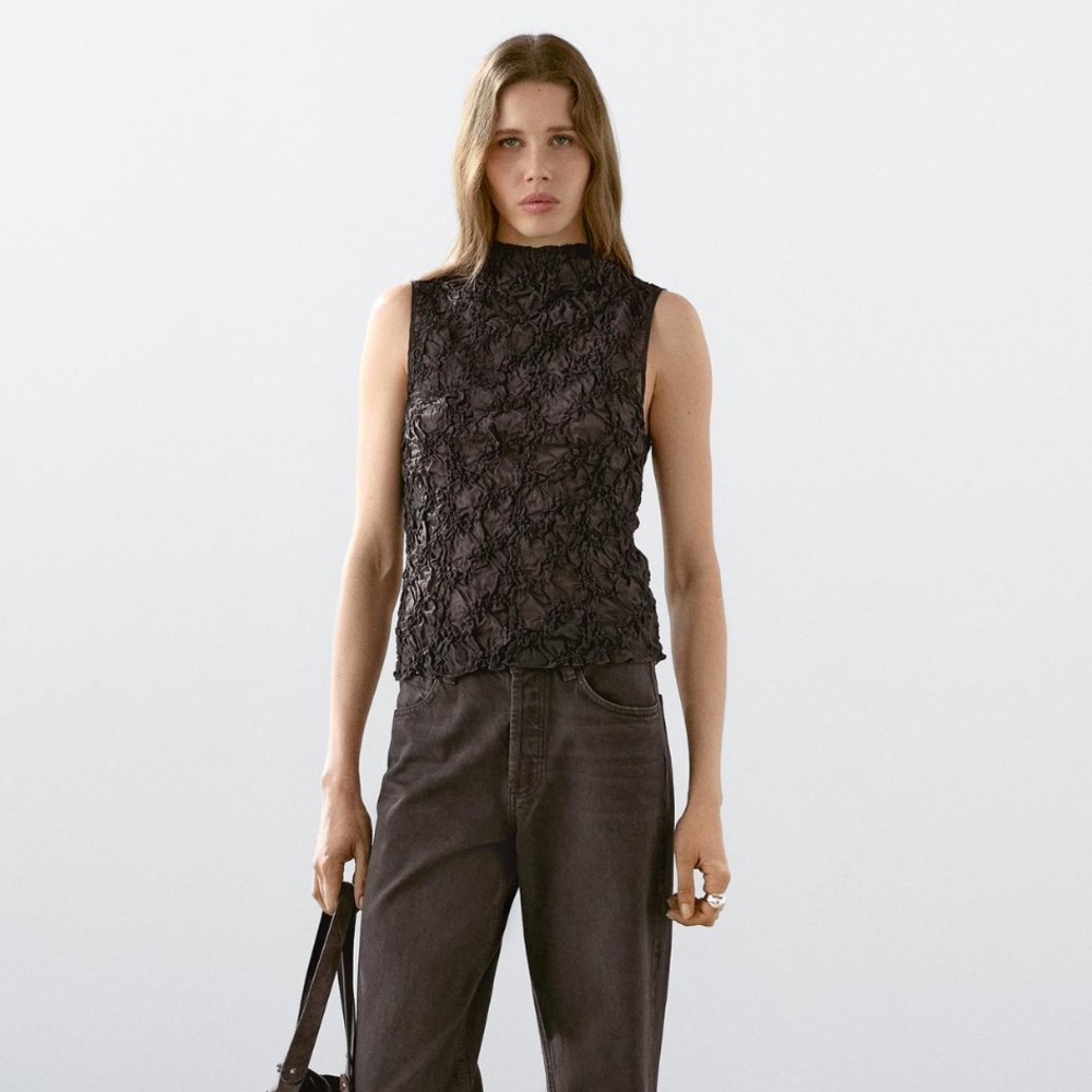 Massimo Dutti Black Sleeveless Textured Mock-Neck Top